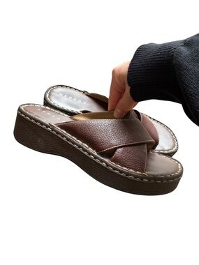 Nevada Made in Brazil Leather Wedge Slide Sandals Y2K Comfort Euro Casual Brown